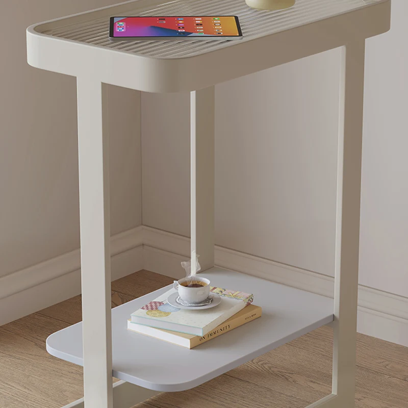Contemporary Industrial Rectangular Carbon Steel Glass Rock Slab End Table 2 Tier For Living Room