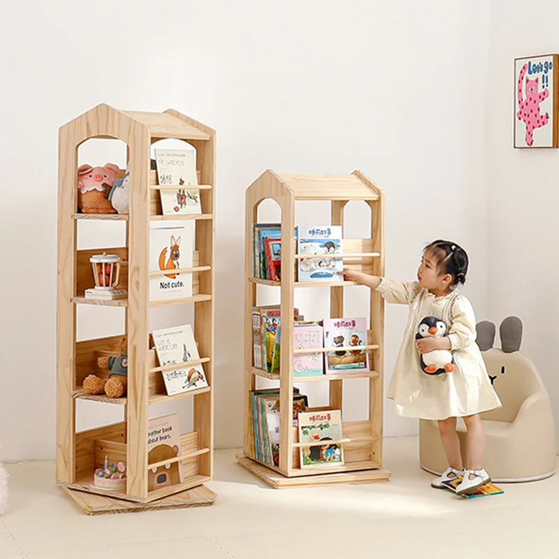 Contemporary Creative House-Shaped Pine Wood Rotatable Kids Floor-Standing Bookshelf 3/4-Tier For Study