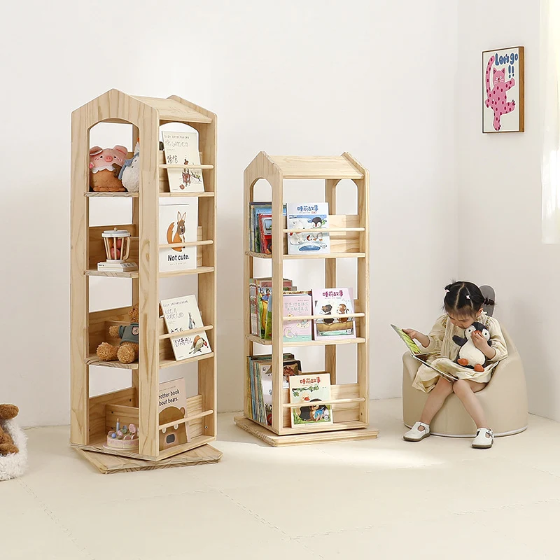 Contemporary Creative House-Shaped Pine Wood Rotatable Kids Floor-Standing Bookshelf 3/4-Tier For Study