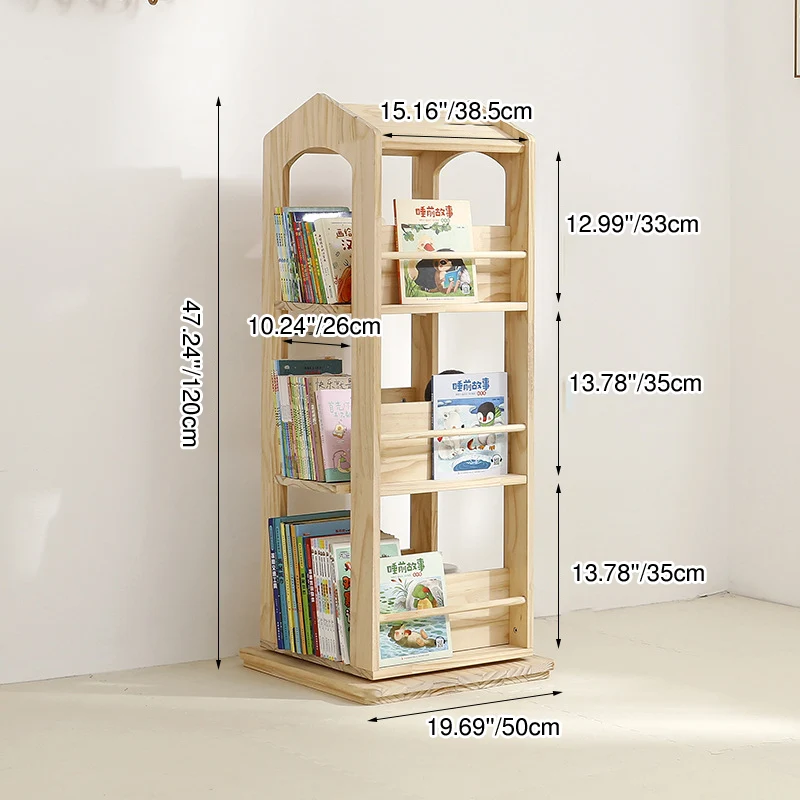 Contemporary Creative House-Shaped Pine Wood Rotatable Kids Floor-Standing Bookshelf 3/4-Tier For Study