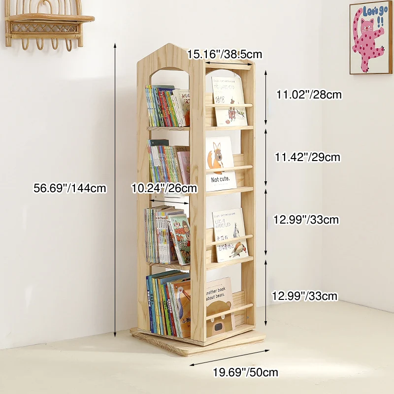 Contemporary Creative House-Shaped Pine Wood Rotatable Kids Floor-Standing Bookshelf 3/4-Tier For Study