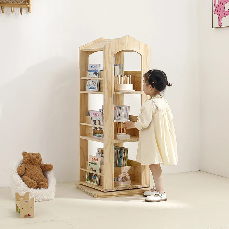 Contemporary Creative House-Shaped Pine Wood Rotatable Kids Floor-Standing Bookshelf 3/4-Tier For Study