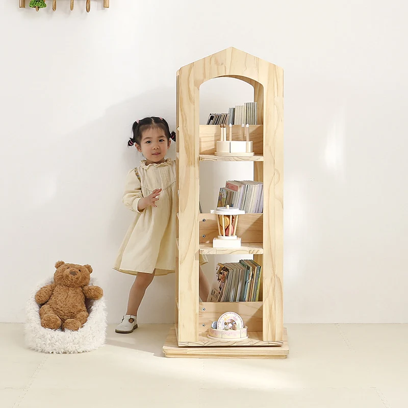 Contemporary Creative House-Shaped Pine Wood Rotatable Kids Floor-Standing Bookshelf 3/4-Tier For Study