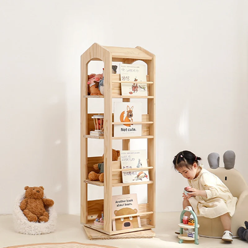 Contemporary Creative House-Shaped Pine Wood Rotatable Kids Floor-Standing Bookshelf 3/4-Tier For Study