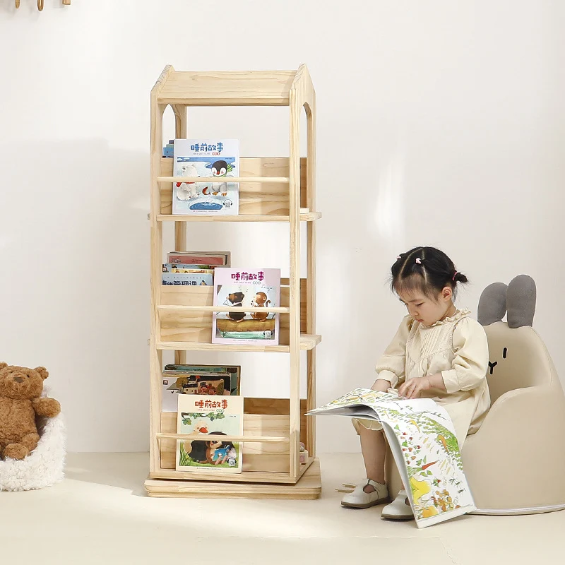 Contemporary Creative House-Shaped Pine Wood Rotatable Kids Floor-Standing Bookshelf 3/4-Tier For Study