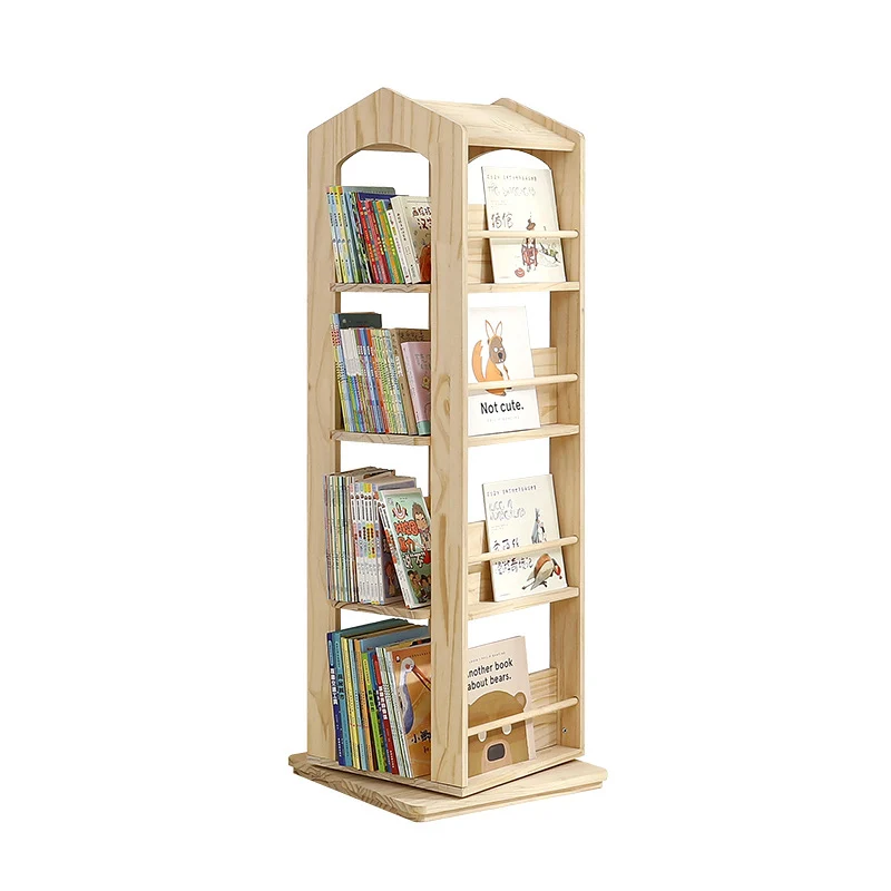 Contemporary Creative House-Shaped Pine Wood Rotatable Kids Floor-Standing Bookshelf 3/4-Tier For Study