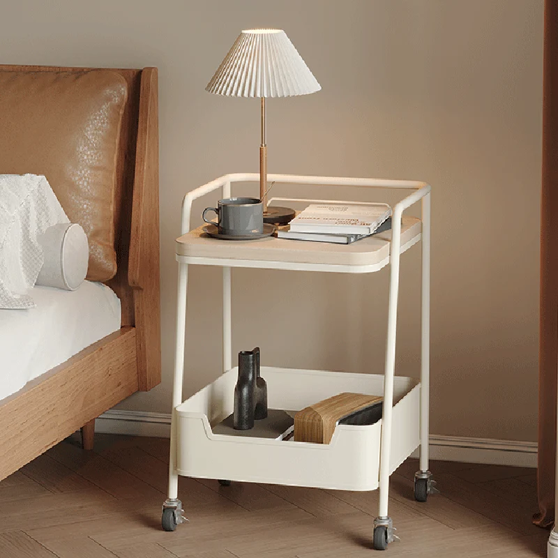 Modern Minimalist Trapezoidal Iron Rock Slab Wooden Board Movable End Table 2-Tier For Living Room
