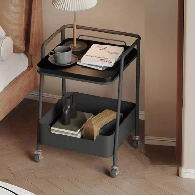 Modern Minimalist Trapezoidal Iron Rock Slab Wooden Board Movable End Table 2-Tier For Living Room