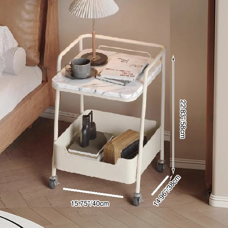 Modern Minimalist Trapezoidal Iron Rock Slab Wooden Board Movable End Table 2-Tier For Living Room
