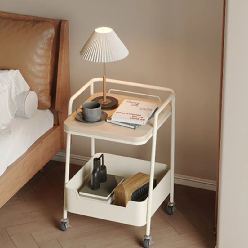 Modern Minimalist Trapezoidal Iron Rock Slab Wooden Board Movable End Table 2-Tier For Living Room
