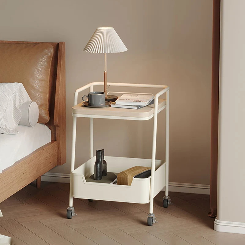 Modern Minimalist Trapezoidal Iron Rock Slab Wooden Board Movable End Table 2-Tier For Living Room