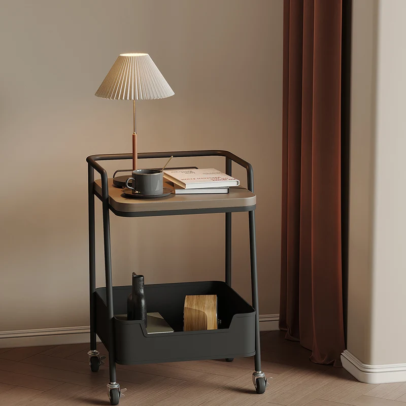 Modern Minimalist Trapezoidal Iron Rock Slab Wooden Board Movable End Table 2-Tier For Living Room