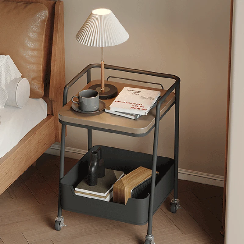 Modern Minimalist Trapezoidal Iron Rock Slab Wooden Board Movable End Table 2-Tier For Living Room