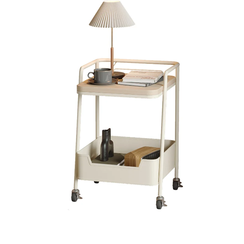 Modern Minimalist Trapezoidal Iron Rock Slab Wooden Board Movable End Table 2-Tier For Living Room
