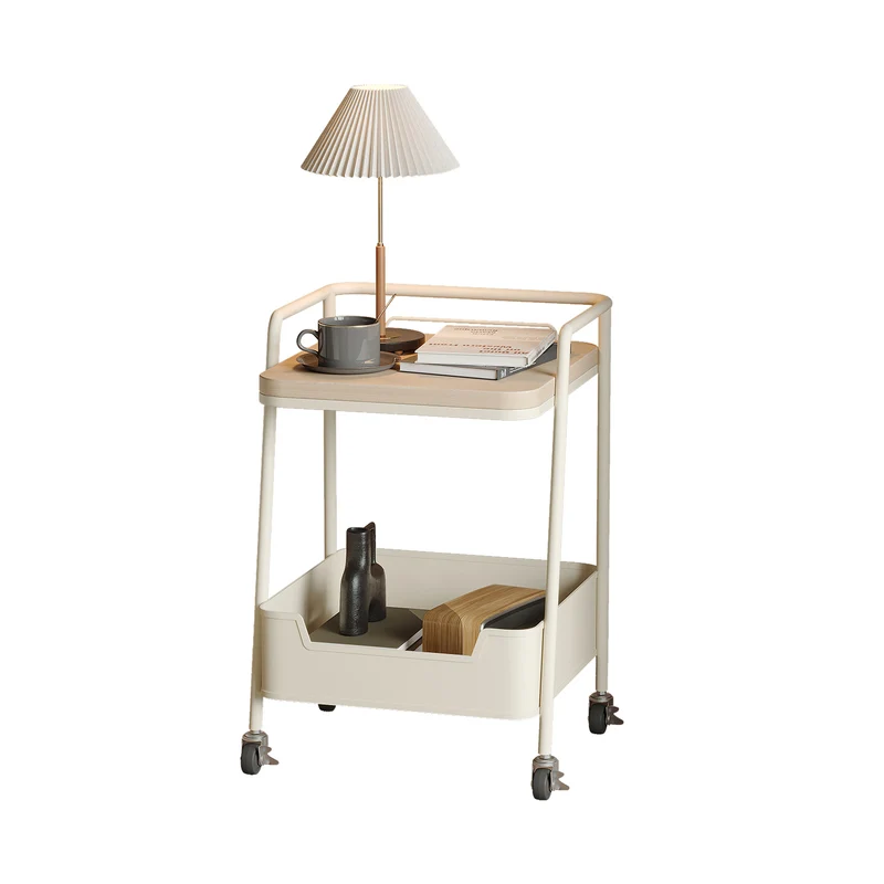 Modern Minimalist Trapezoidal Iron Rock Slab Wooden Board Movable End Table 2-Tier For Living Room