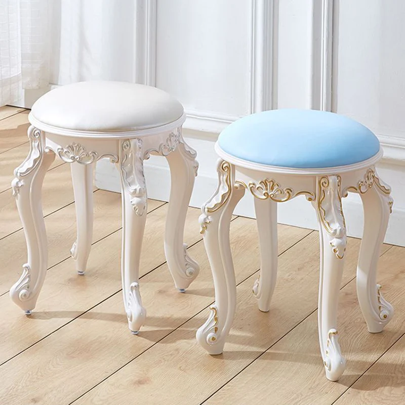 Traditional European Round Faux Leather Velvet Plastic Steel Vanity Stool For Bedroom