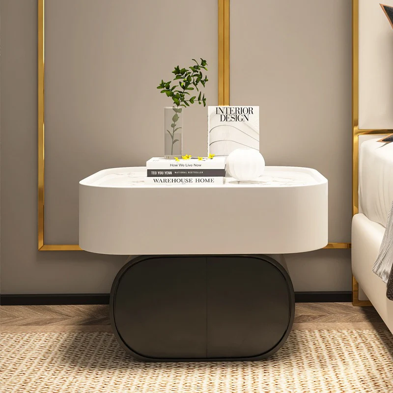Contemporary Luxury Cylindrical Rectangular Slab Stone Solid Wood Medium Density Fiberboard Faux Leather Nightstand 2-Drawer For Bedroom