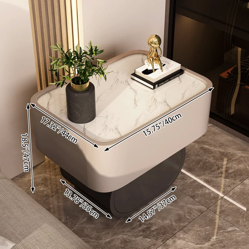 Contemporary Luxury Cylindrical Rectangular Slab Stone Solid Wood Medium Density Fiberboard Faux Leather Nightstand 2-Drawer For Bedroom