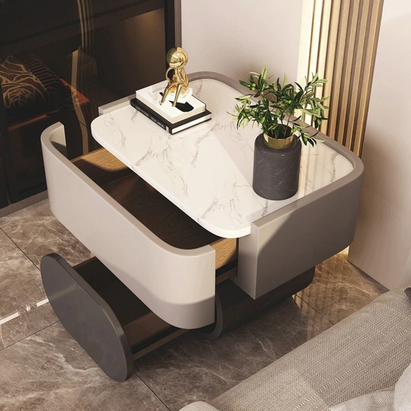 Contemporary Luxury Cylindrical Rectangular Slab Stone Solid Wood Medium Density Fiberboard Faux Leather Nightstand 2-Drawer For Bedroom