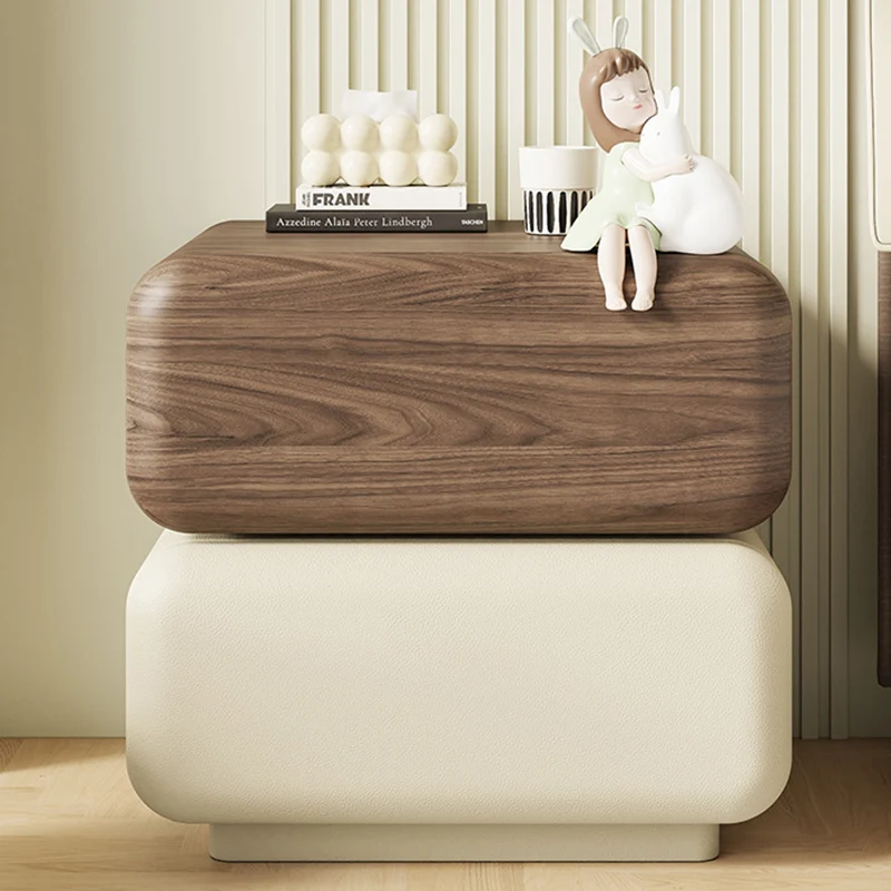 Traditional Chinese Solid Wood Cat-Scratch-Resistant Leather Rotating Rounded Square Nightstand 2-Drawer For Bedroom