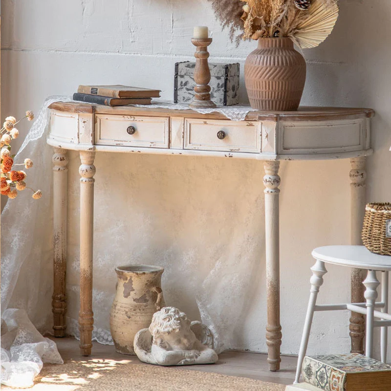 Traditional Vintage Fir Wood Rectangular Entryway Table With 2-Drawer Storage For Foyer, Living Room & Bedroom