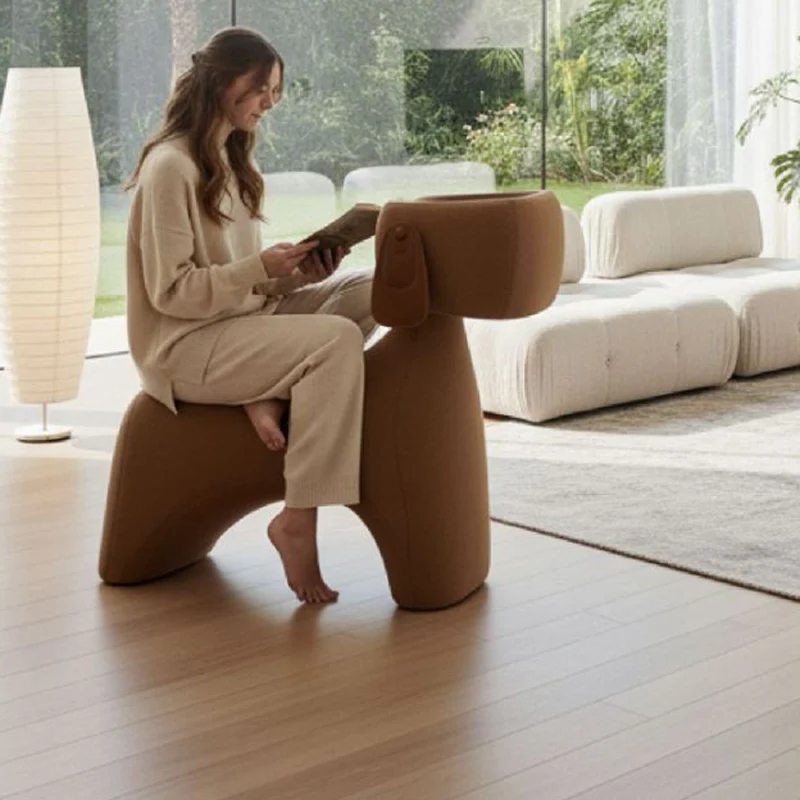 Contemporary Creative Dog Design Carbon Steel Brushed Velvet Kids Stool With Rotatable Head For Living Room