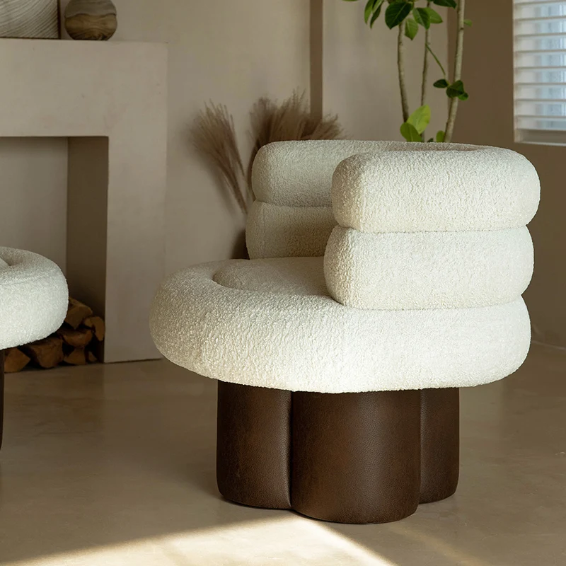 Contemporary Scandinavian Sherpa Fabric Wood Curved Cylindrical Accent Chair With Armrests & Backrest For Living Room