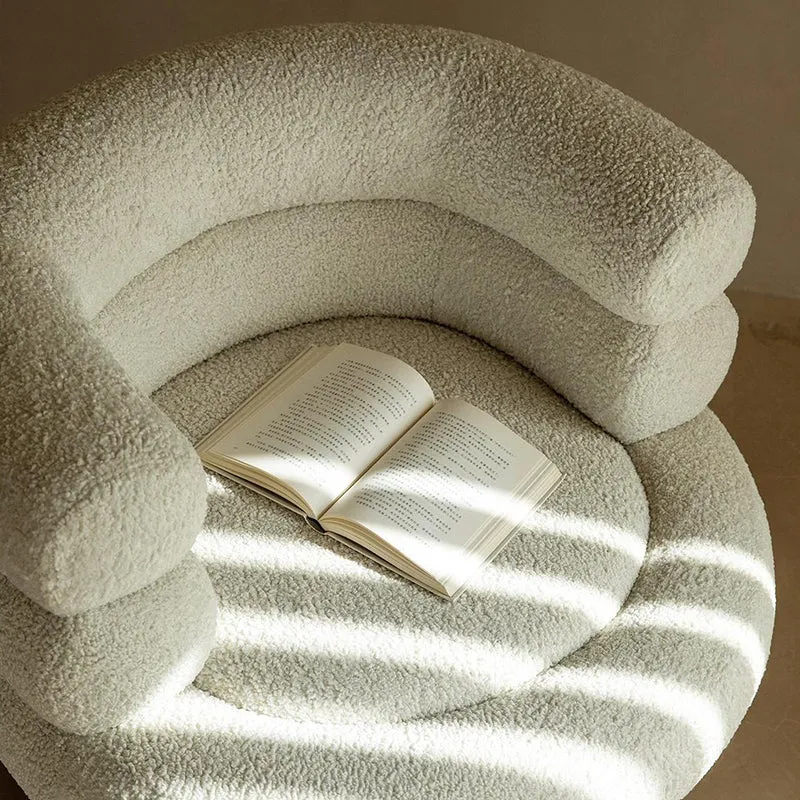 Contemporary Scandinavian Sherpa Fabric Wood Curved Cylindrical Accent Chair With Armrests & Backrest For Living Room