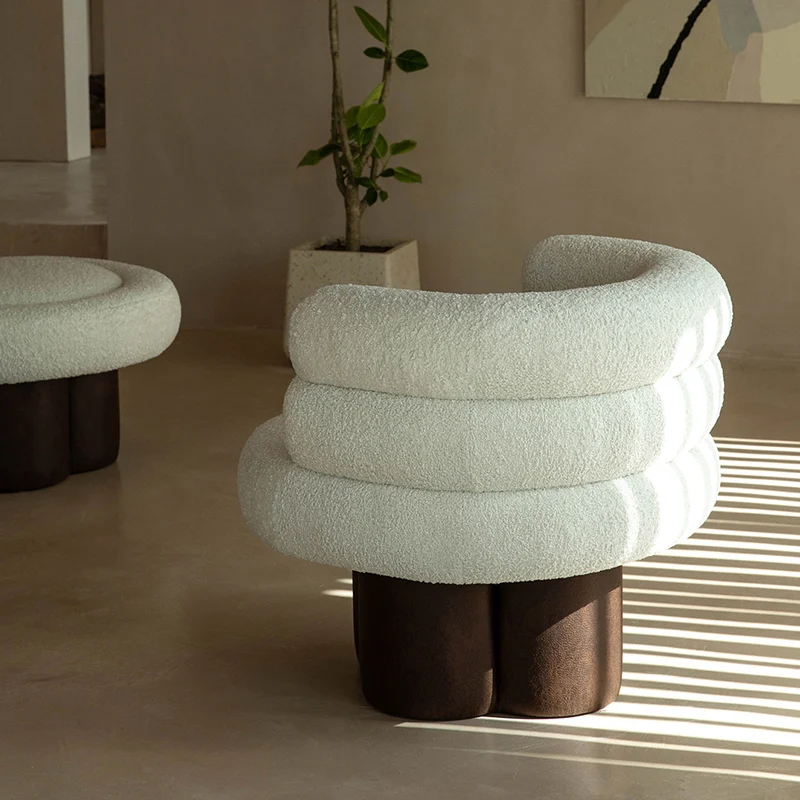 Contemporary Scandinavian Sherpa Fabric Wood Curved Cylindrical Accent Chair With Armrests & Backrest For Living Room