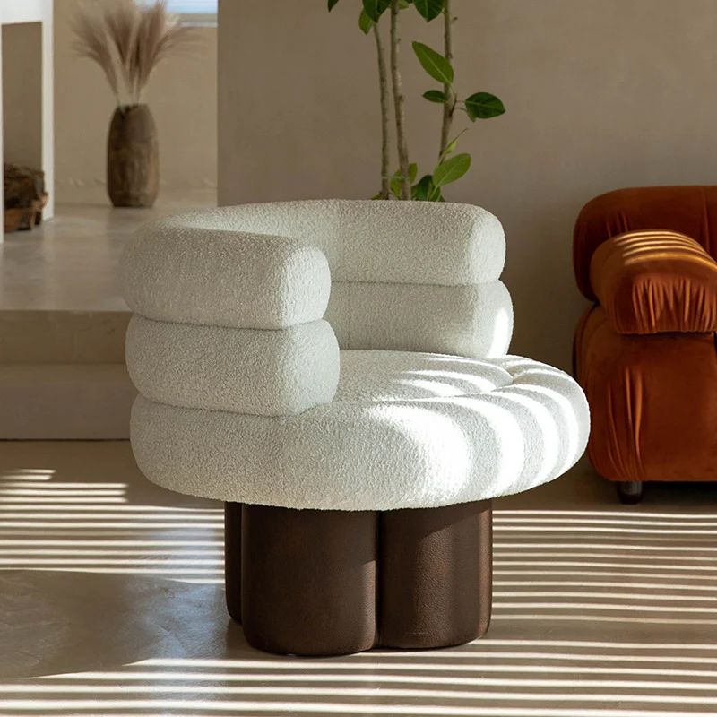 Contemporary Scandinavian Sherpa Fabric Wood Curved Cylindrical Accent Chair With Armrests & Backrest For Living Room