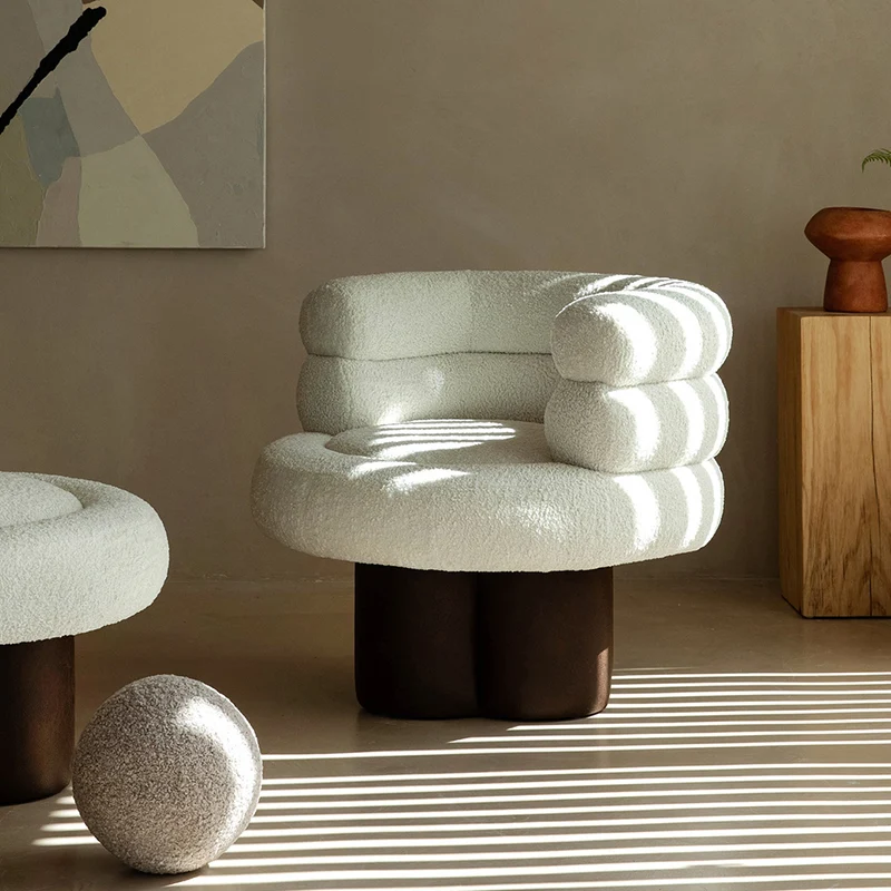 Contemporary Scandinavian Sherpa Fabric Wood Curved Cylindrical Accent Chair With Armrests & Backrest For Living Room