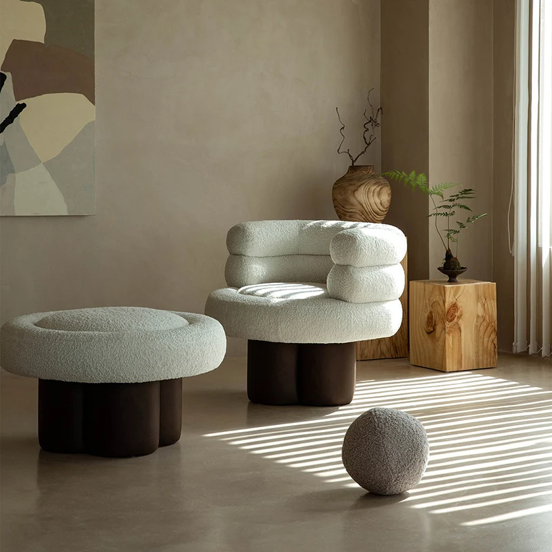 Contemporary Scandinavian Sherpa Fabric Wood Curved Cylindrical Accent Chair With Armrests & Backrest For Living Room