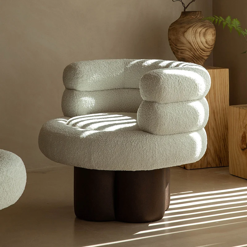 Contemporary Scandinavian Sherpa Fabric Wood Curved Cylindrical Accent Chair With Armrests & Backrest For Living Room