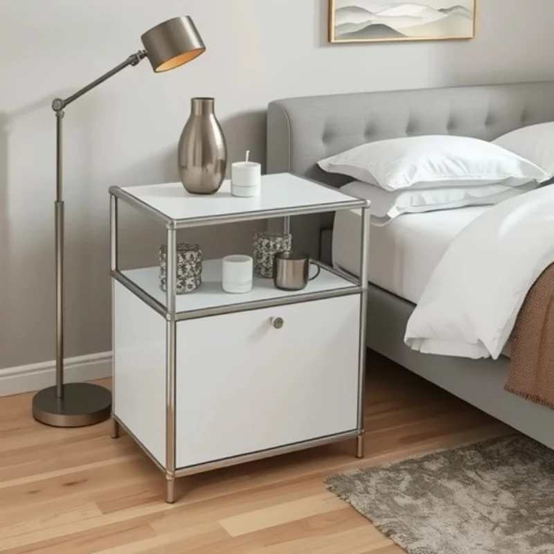 Modern Minimalist Stainless Steel Plywood Square Nightstand With 1 Drawer For Bedroom