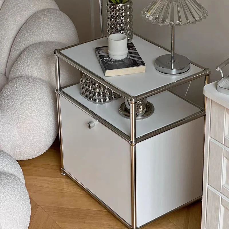 Modern Minimalist Stainless Steel Plywood Square Nightstand With 1 Drawer For Bedroom