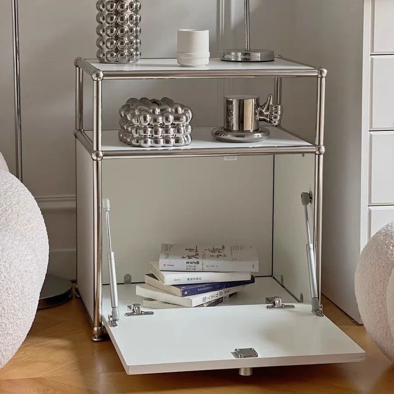 Modern Minimalist Stainless Steel Plywood Square Nightstand With 1 Drawer For Bedroom