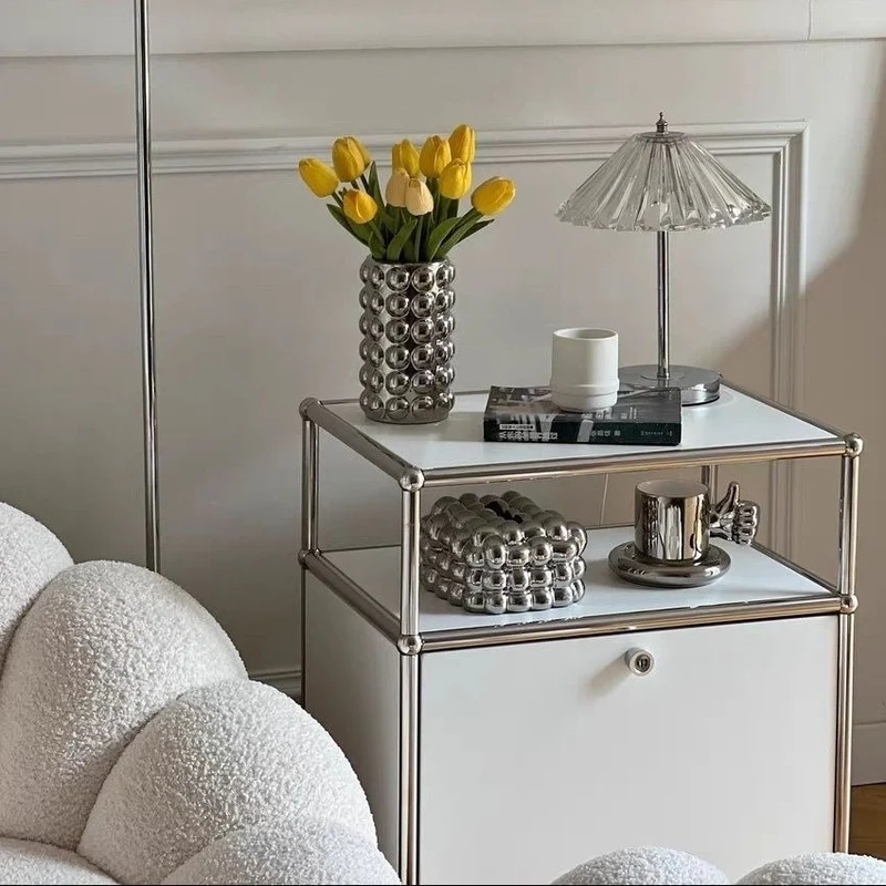 Modern Minimalist Stainless Steel Plywood Square Nightstand With 1 Drawer For Bedroom