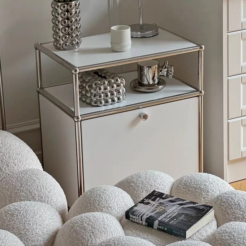 Modern Minimalist Stainless Steel Plywood Square Nightstand With 1 Drawer For Bedroom