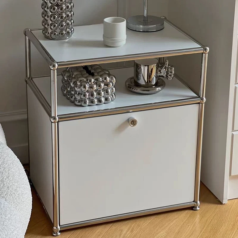 Modern Minimalist Stainless Steel Plywood Square Nightstand With 1 Drawer For Bedroom