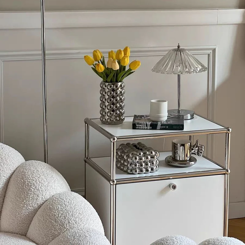 Modern Minimalist Stainless Steel Plywood Square Nightstand With 1 Drawer For Bedroom