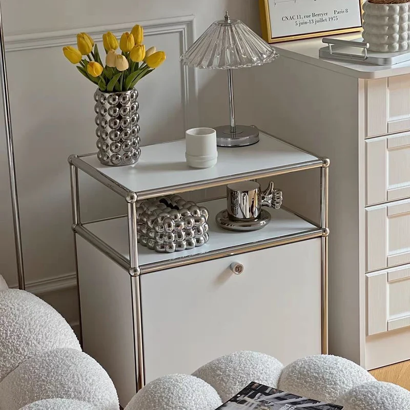 Modern Minimalist Stainless Steel Plywood Square Nightstand With 1 Drawer For Bedroom
