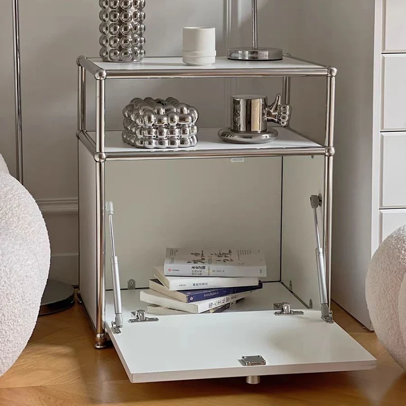 Modern Minimalist Stainless Steel Plywood Square Nightstand With 1 Drawer For Bedroom