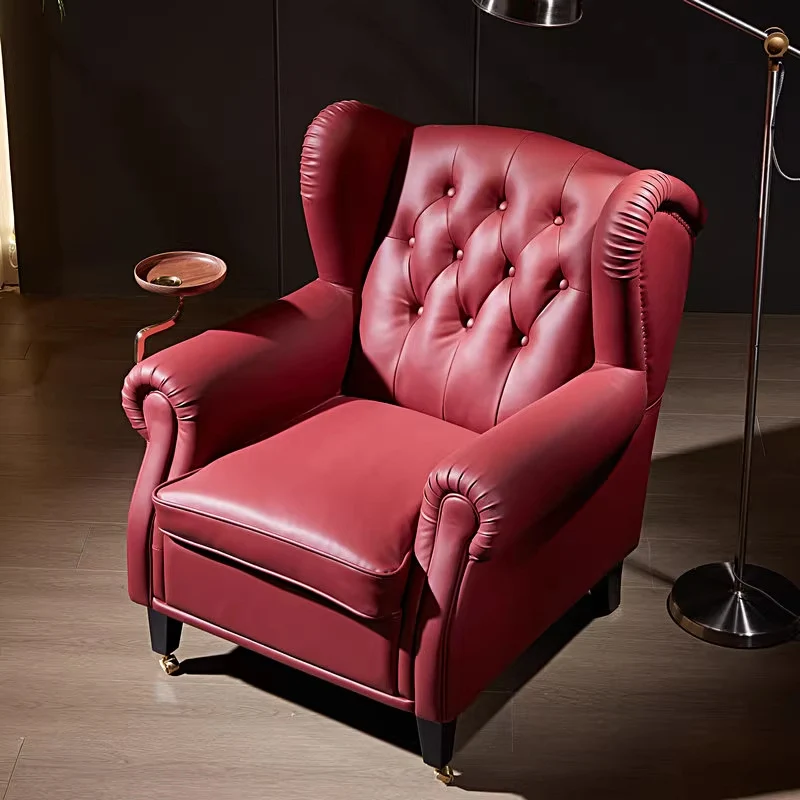 Traditional Vintage Curved Solid Wood Genuine Leather Copper Sponge Silk Accent Chair Backrest Armrest Movable For Living Room