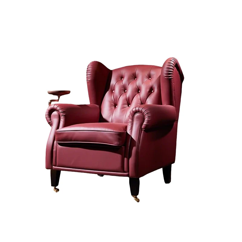 Traditional Vintage Curved Solid Wood Genuine Leather Copper Sponge Silk Accent Chair Backrest Armrest Movable For Living Room