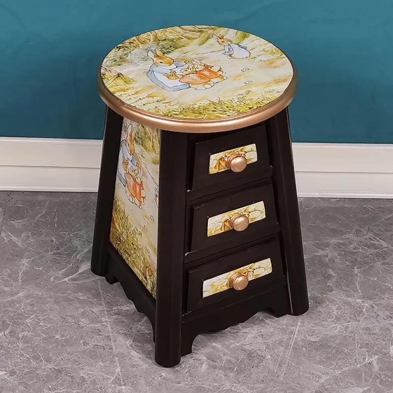 Traditional Vintage Round Solid Wood Medium Density Fiberboard Vanity Stool 3-Drawer For Bedroom