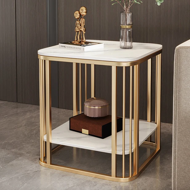 Contemporary Luxury Square Stone Slab Carbon Steel End Table 2-Tier For Living Room