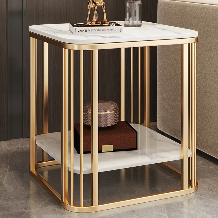 Contemporary Luxury Square Stone Slab Carbon Steel End Table 2-Tier For Living Room