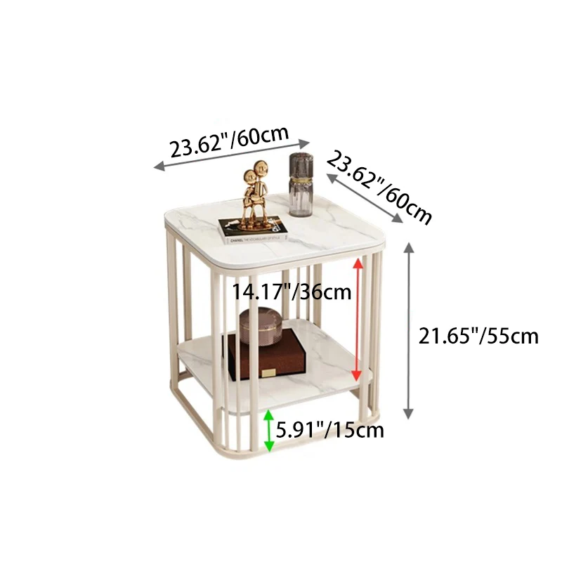 Contemporary Luxury Square Stone Slab Carbon Steel End Table 2-Tier For Living Room