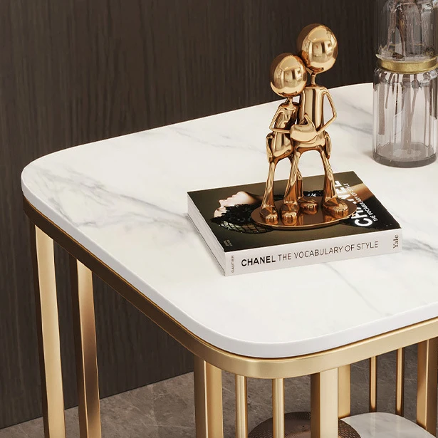 Contemporary Luxury Square Stone Slab Carbon Steel End Table 2-Tier For Living Room