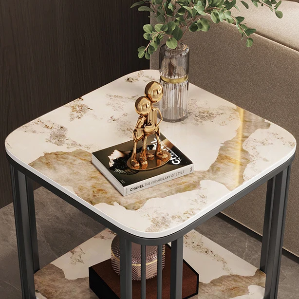 Contemporary Luxury Square Stone Slab Carbon Steel End Table 2-Tier For Living Room